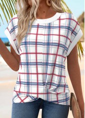 White Patchwork Plaid Short Sleeve Round Neck T Shirt