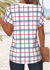 White Patchwork Plaid Short Sleeve Round Neck T Shirt