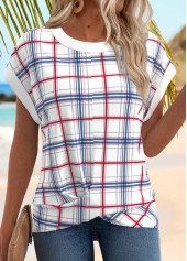 White Patchwork Plaid Short Sleeve Round Neck T Shirt