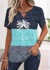 Dark Blue Cut Out Geometric Print T Shirt