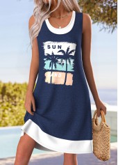 Navy Patchwork Tropical Plants Print A Line Sleeveless Dress