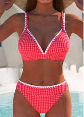 Contrast Binding Mid Waisted Plaid Red Bikini Set
