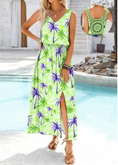 Light Green Embroidery Tropical Plants Print Sleeveless Dress