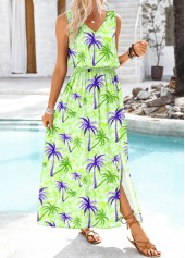 Light Green Embroidery Tropical Plants Print Sleeveless Dress | thumb picture 
