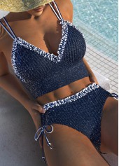 Tie Mid Waisted Striped Navy Bikini Set