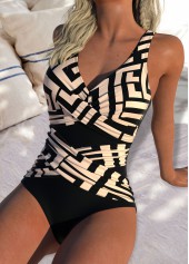 Criss Cross Geometric Print Light Coffee One Piece Swimwear