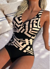 Criss Cross Geometric Print Light Coffee One Piece Swimwear | thumb picture 