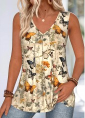 Light Yellow Butterfly Print Sleeveless V Neck Tank Top