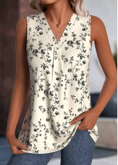 Beige Floral Print Sleeveless V Neck Tank Top