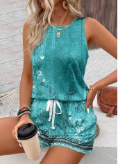 Cyan Two Piece Floral Print Sleeveless Top and Shorts