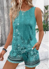 Cyan Two Piece Floral Print Sleeveless Top and Shorts | thumb picture 