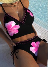 Tie Mid Waisted Floral Print Black Bikini Set | thumb picture 