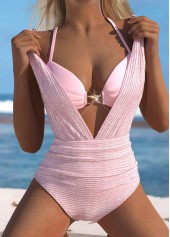 Tie Patchwork Light Pink One Piece Swimwear and Bra