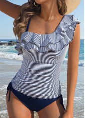 Patchwork Mid Waisted Striped Navy Tankini Set