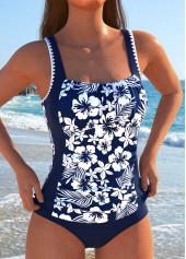 Cut Out Mid Waisted Floral Print Navy Tankini Set
