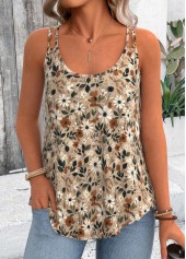 Light Camel Jacquard Floral Print Strappy Camisole Top