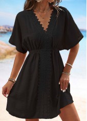 Embroidery Black V Neck Short Sleeve Cover Up