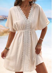 Embroidery Patchwork V Neck Beige Cover Up