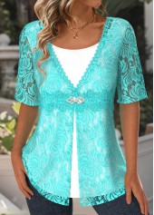 Cyan Lace Half Sleeve Fake Two Piece Twinset