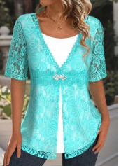 Cyan Lace Half Sleeve Fake Two Piece Twinset | thumb picture 