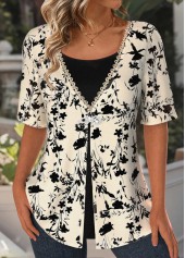 Light Camel Lace Floral Print Fake Two Piece Twinset