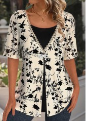 Light Camel Lace Floral Print Fake Two Piece Twinset | thumb picture 