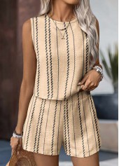 Light Camel Button Striped Sleeveless TOP and Shorts