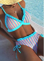 Frill Mid Waisted Striped Cyan Bikini Set