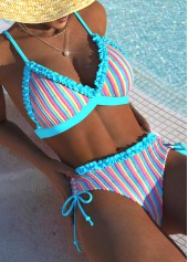 Frill Mid Waisted Striped Cyan Bikini Set | thumb picture 