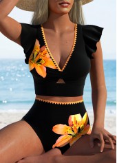 Contrast Binding High Waisted Floral Print Black Bikini Set
