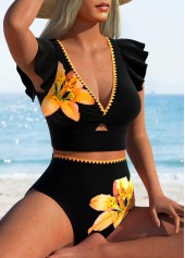 Contrast Binding High Waisted Floral Print Black Bikini Set | thumb picture 