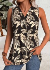 Black Tropical Plants Print Sleeveless V Neck Tank Top