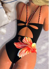 Circular Ring Floral Print Orange One Piece Swimwear