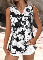 Black Breathable Floral Print Sleeveless V Neck Tank Top