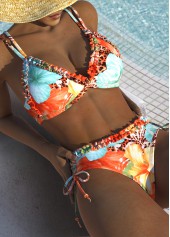 Ruched Mid Waisted Floral Print Orange Bikini Set