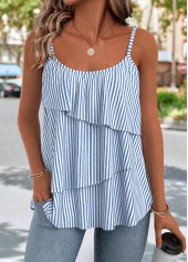 Blue Lightweight Striped Strappy Scoop Neck Camisole Top