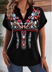 Black Tribal Print Short Sleeve Split Neck Blouse