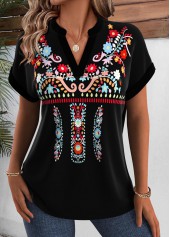 Black Tribal Print Short Sleeve Split Neck Blouse | thumb picture 