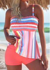 Smocked High Waisted Striped Coral Tankini Set