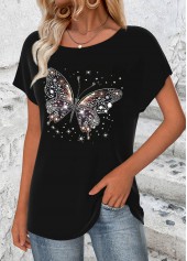 Black Butterfly Print Short Sleeve Round Neck T Shirt | thumb picture 