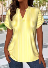 Light Yellow Striped Short Sleeve Split Neck Blouse