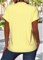 Light Yellow Striped Short Sleeve Split Neck Blouse | thumb picture 