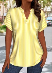 Light Yellow Striped Short Sleeve Split Neck Blouse | thumb picture 