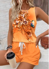 Orange Two Piece Floral Print Sleeveless Top and Shorts