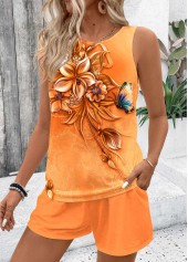 Orange Two Piece Floral Print Sleeveless Top and Shorts | thumb picture 