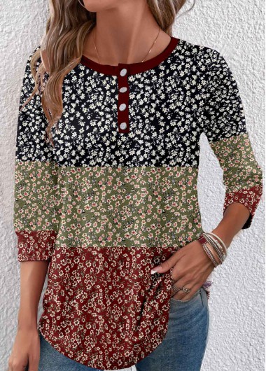 women clothes image of Multi Color Button Ditsy Floral Print T Shirt