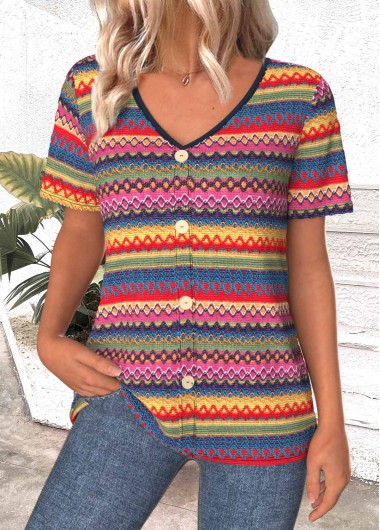 women clothes image of Multi Color Button Tribal Print Short Sleeve T Shirt