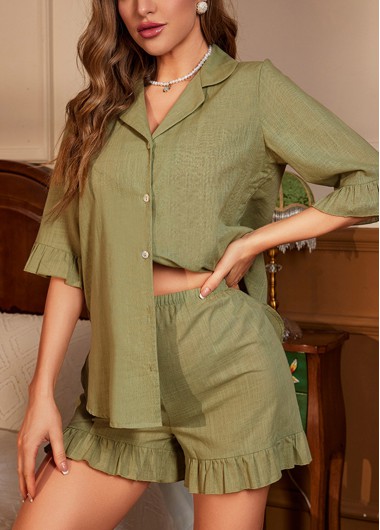 women clothes image of Olive Green Half Sleeve Lapel Lounge Top and Shorts