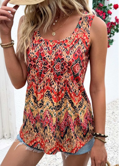 women clothes image of Multi Color Tummy Coverage Tribal Print Sleeveless Tank Top