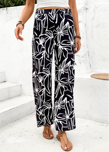 women clothes image of Black Random Floral Print Straight Leg Elastic Waist Pants